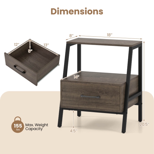 Costway 1/2 PCS Nightstand with Drawer Farmhouse 3-Tier Bedside Table with Open Shelf End Table