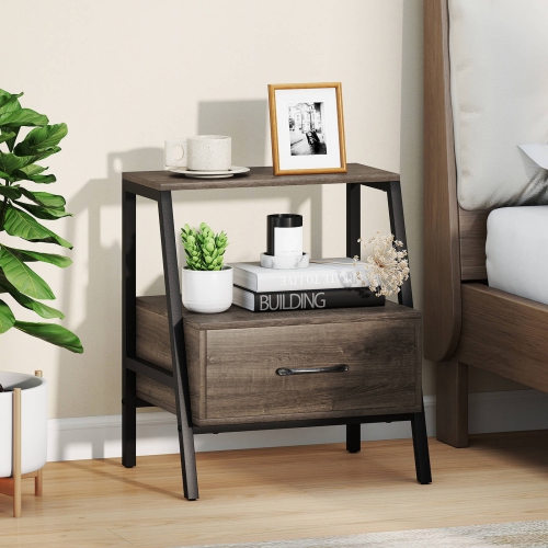 Costway 1/2 PCS Nightstand with Drawer Farmhouse 3-Tier Bedside Table with Open Shelf End Table