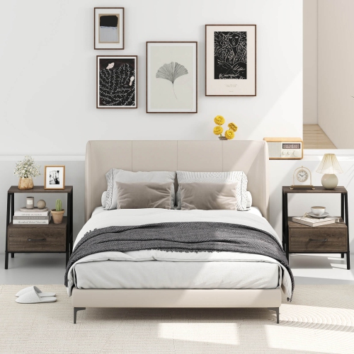 Costway 1/2 PCS Nightstand with Drawer Farmhouse 3-Tier Bedside Table with Open Shelf End Table