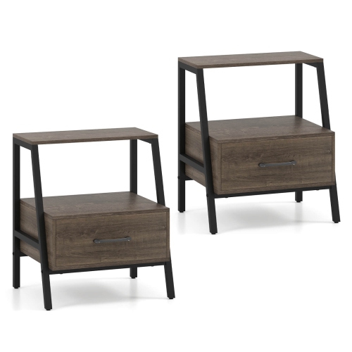 Costway 1/2 PCS Nightstand with Drawer Farmhouse 3-Tier Bedside Table with Open Shelf End Table