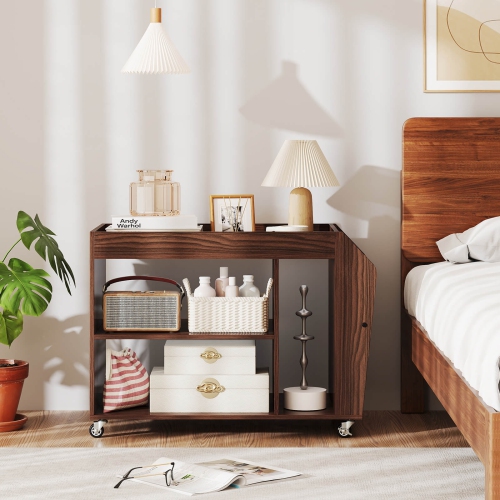 Costway Side End Table 3-Tier Bookshelf with Universal Wheels Rolling Nightstand Walnut Brown/White