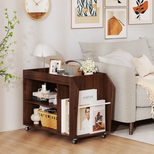 Costway Side End Table 3-Tier Bookshelf with Universal Wheels Rolling Nightstand Walnut Brown/White
