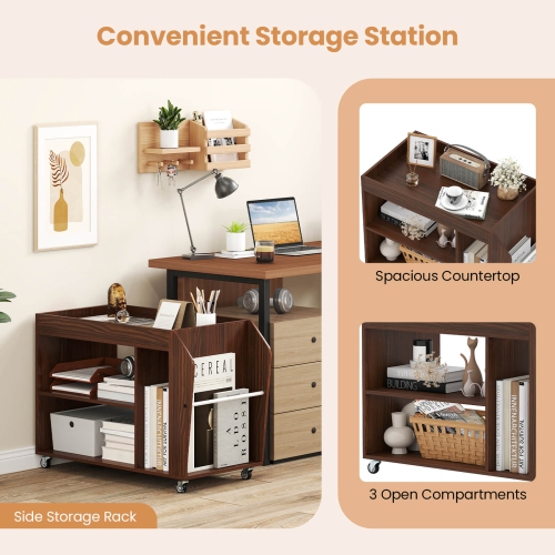 Costway Side End Table 3-Tier Bookshelf with Universal Wheels Rolling Nightstand Walnut Brown/White