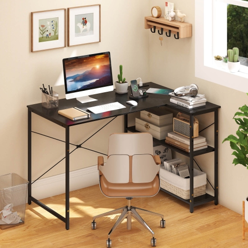 Costway L-Shaped Computer Desk with Power Outlets Adjustable shelf Heavy-Duty Metal Frame Brown/White/Black