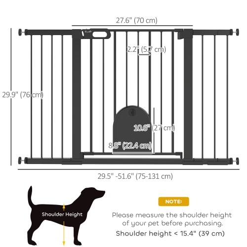 PawHut 30"-52" Extra Wide Pet Gate with Small Cat Door, 30" H Dog Gate with Pressure Fit, Auto Close, Double Locking, for Stairway, Doorways,