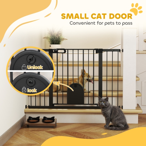 PawHut 30"-52" Extra Wide Pet Gate with Small Cat Door, 30" H Dog Gate with Pressure Fit, Auto Close, Double Locking, for Stairway, Doorways,