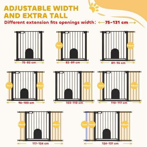 PawHut 30"-52" Extra Wide Pet Gate with Small Cat Door, 30" H Dog Gate with Pressure Fit, Auto Close, Double Locking, for Stairway, Doorways,