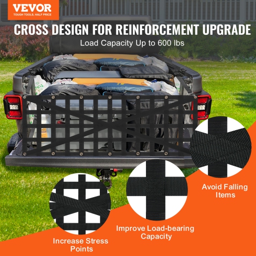 VEVOR 54in x 18in Tailgate Net, Heavy Duty Cargo Net for Truck Bed with 4 Adjustable Telescopic Straps, Cross-reinforced Design, Extendable &