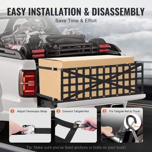 VEVOR 54in x 18in Tailgate Net, Heavy Duty Cargo Net for Truck Bed with 4 Adjustable Telescopic Straps, Cross-reinforced Design, Extendable &