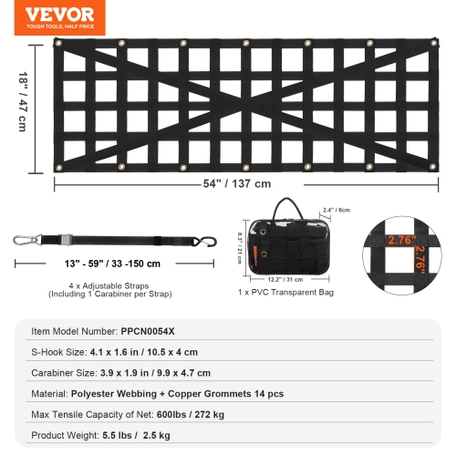 VEVOR 54in x 18in Tailgate Net, Heavy Duty Cargo Net for Truck Bed with 4 Adjustable Telescopic Straps, Cross-reinforced Design, Extendable &