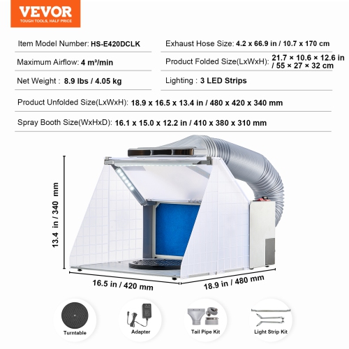 VEVOR Airbrush Spray Booth, Portable Hobby Airbrush Paint Spray Booth Kit with LED Lights, Exhaust Fan and Exhaust Extension Hose, Airbrush Paint