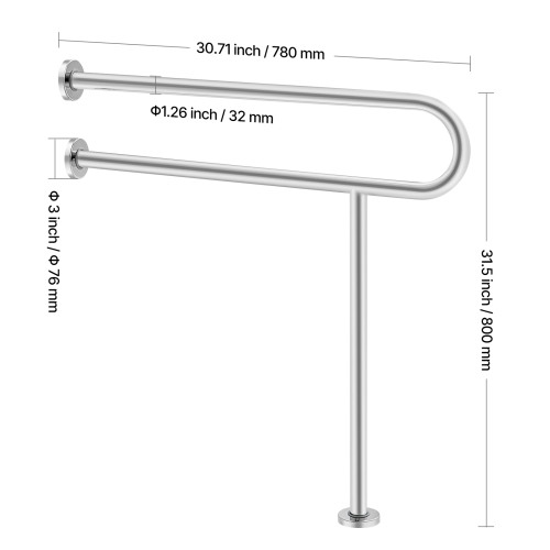 VEVOR 31.5 Inch Toilet Safety Rail, U-Shaped Handicap Grab Bar, 304 Stainless Steel Senior Safety Pole, Toilet Grab Bars with Anti-Slip Handle, 300
