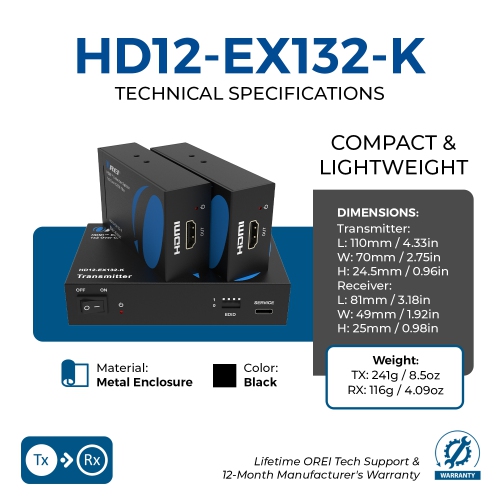 OREI 1080p 1x2 HDMI™ Extender Splitter - 230ft (cat6) (HD12-EX132-K)