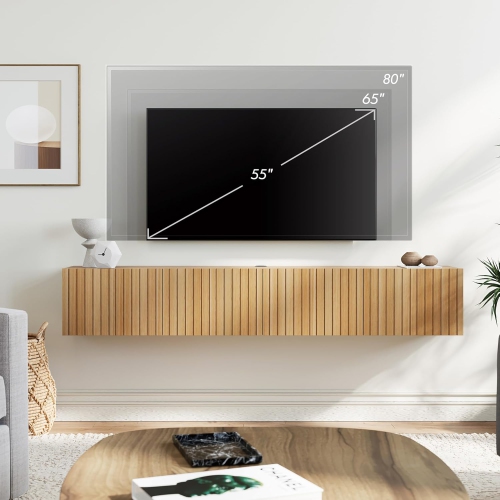 WAMPAT Floating TV Stand, Wall Mounted Shelf, Modern Floating Entertainment Center with 3 Fluted Flip-Down Doors, 70" Large Storage Media Console