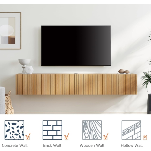 WAMPAT Floating TV Stand, Wall Mounted Shelf, Modern Floating Entertainment Center with 3 Fluted Flip-Down Doors, 70" Large Storage Media Console