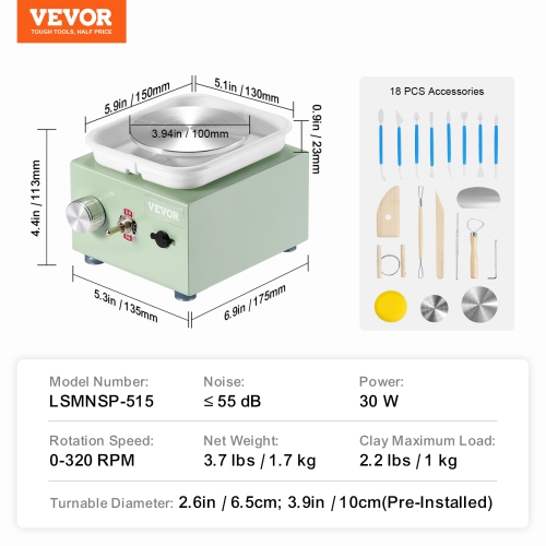 VEVOR 0-320RPM Mini Pottery Wheel, Adjustable Speed Detachable Basin Forming Machine, 2.56in/3.94in 2 Turntables Electric Ceramic Wheel Machine,