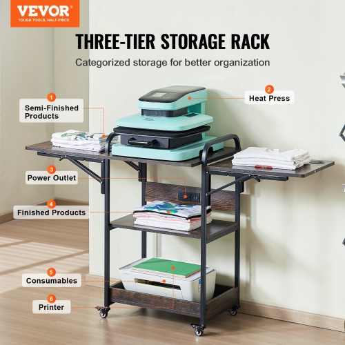 VEVOR 3 Tier Heat Press Table with Charging Station, Movable Heat Press Stand, Foldable Heat Transfer Machine Stand with Wheels, Rolling Metal