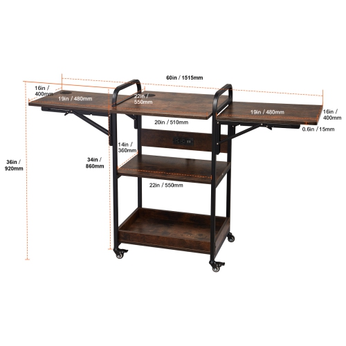 VEVOR 3 Tier Heat Press Table with Charging Station, Movable Heat Press Stand, Foldable Heat Transfer Machine Stand with Wheels, Rolling Metal