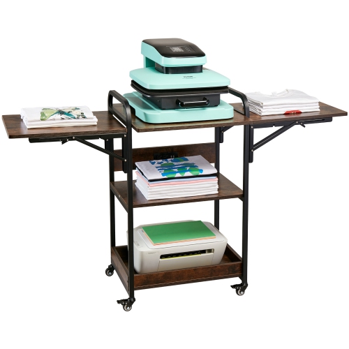 VEVOR 3 Tier Heat Press Table with Charging Station, Movable Heat Press Stand, Foldable Heat Transfer Machine Stand with Wheels, Rolling Metal