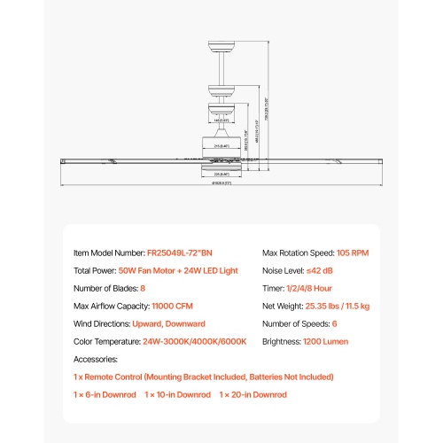 VEVOR 72 In Ceiling Fan with Light, 6-Speed Remote Control, Dimmable 3-Color Temperature, Reversible DC Motor, Low Profile Flush Mount Fan for