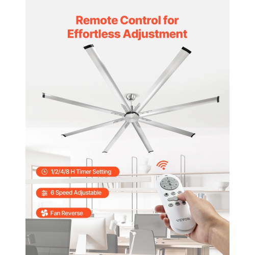 VEVOR 96 In Ceiling Fan without Light, 6-Speed Remote Control, Aluminum 8-Blade, Reversible DC Motor, Modern Low Profile Flush Mount Fan for Bedroom,