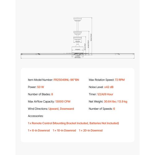 VEVOR 96 In Ceiling Fan without Light, 6-Speed Remote Control, Aluminum 8-Blade, Reversible DC Motor, Modern Low Profile Flush Mount Fan for Bedroom,
