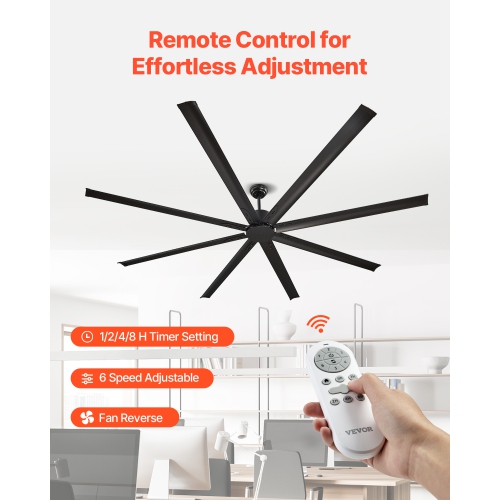 VEVOR 96 In Ceiling Fan without Light, 6-Speed Remote Control, Aluminum 8-Blade, Reversible DC Motor, Modern Low Profile Flush Mount Exterior Fan for
