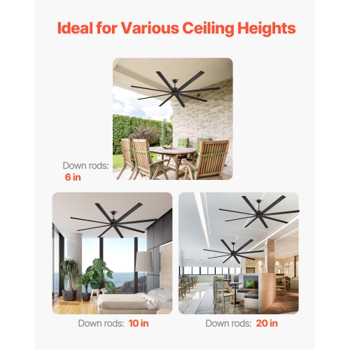 VEVOR 96 In Ceiling Fan without Light, 6-Speed Remote Control, Aluminum 8-Blade, Reversible DC Motor, Modern Low Profile Flush Mount Exterior Fan for