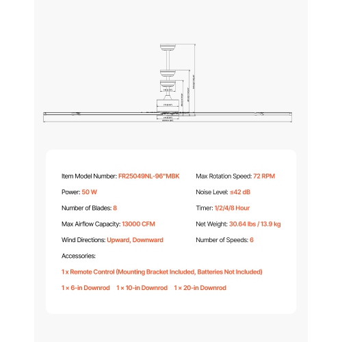 VEVOR 96 In Ceiling Fan without Light, 6-Speed Remote Control, Aluminum 8-Blade, Reversible DC Motor, Modern Low Profile Flush Mount Exterior Fan for