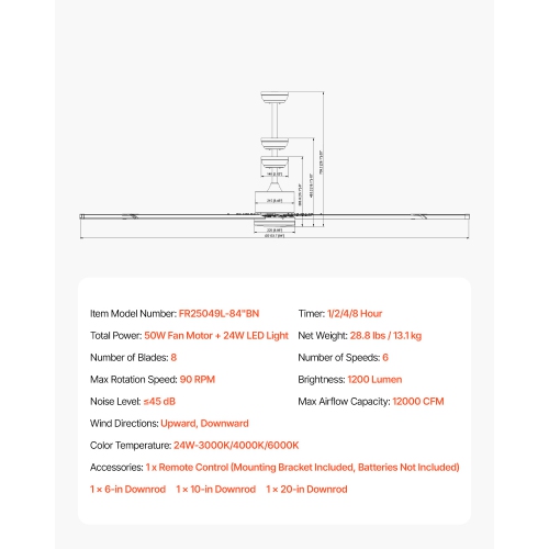 VEVOR 84 In Ceiling Fan with Light, 6-Speed Remote Control, Dimmable 3-Color Temperature, Reversible DC Motor, Low Profile Flush Mount Fan for