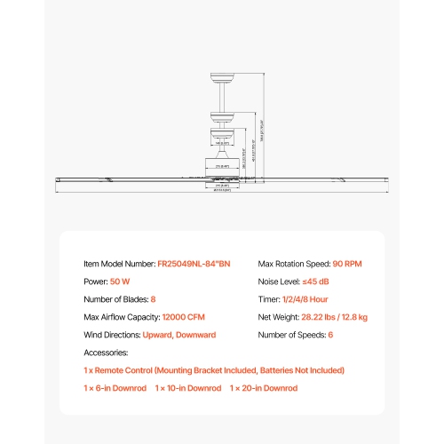 VEVOR 84 In Ceiling Fan without Light, 6-Speed Remote Control, Aluminum 8-Blade, Reversible DC Motor, Modern Low Profile Flush Mount Fan for Bedroom,