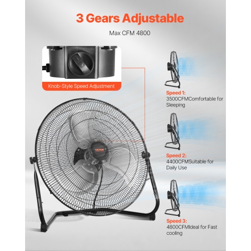 VEVOR 2 PCS Floor Fans, 3 Speeds High Velocity Heavy Duty 20 Inch Industrial Fan, 4800 CFM 360° Adjustable Tilt 21.33 ft/sec Airflow Large Metal Fan,