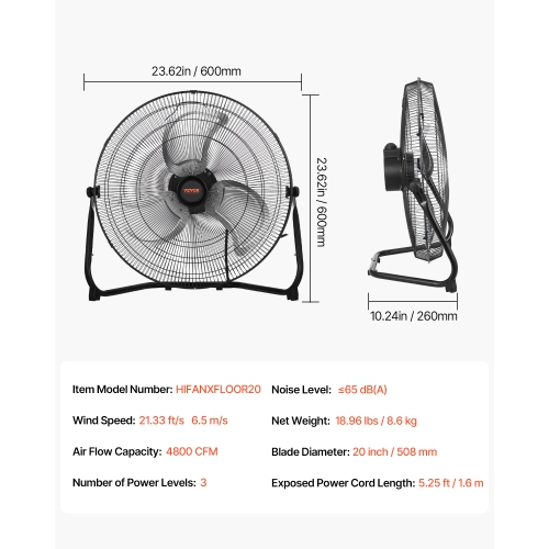 VEVOR 2 PCS Floor Fans, 3 Speeds High Velocity Heavy Duty 20 Inch Industrial Fan, 4800 CFM 360° Adjustable Tilt 21.33 ft/sec Airflow Large Metal Fan,