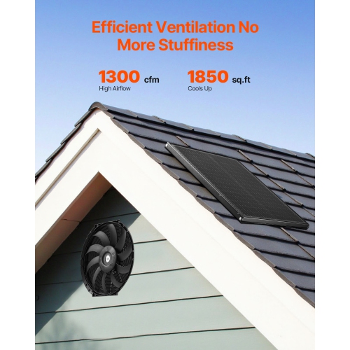 VEVOR 12 Inch Gable Mount Fan, Solar Power Attic Exhaust Fan with Adjustable Thermostat & Outer Mesh, 1300 CFM House Ventilator Cools Up to 1850