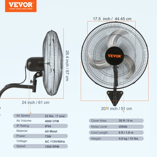 Ventilateur mural VEVOR de 18 po, 3 vitesses haute vitesse max. Ventilateur mural industriel oscillant de 4000 pi3/min, commercial ou