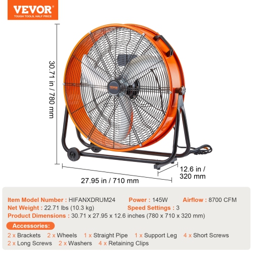 VEVOR 24 Inch Drum Fan, High Velocity Industrial Shop Fan, Heavy Duty Commercial Use 3-Speed 8600CFM, 360°Adjustable Tilting Industrial Floor Fan for