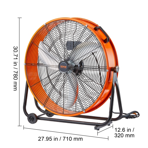 VEVOR 24 Inch Drum Fan, High Velocity Industrial Shop Fan, Heavy Duty Commercial Use 3-Speed 8600CFM, 360°Adjustable Tilting Industrial Floor Fan for