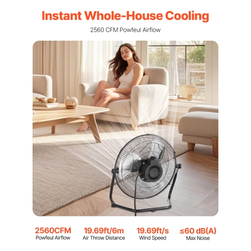 VEVOR 3 Speeds Floor Fan, High Velocity Heavy Duty 14 Inch Industrial Fan, 2560 CFM 360° Adjustable Tilt 19.69 ft/sec Airflow Large Metal Fan, for