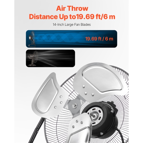 VEVOR 3 Speeds Floor Fan, High Velocity Heavy Duty 14 Inch Industrial Fan, 2560 CFM 360° Adjustable Tilt 19.69 ft/sec Airflow Large Metal Fan, for