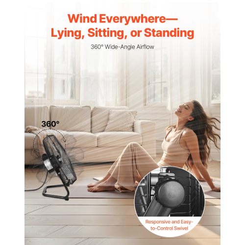 VEVOR 3 Speeds Floor Fan, High Velocity Heavy Duty 14 Inch Industrial Fan, 2560 CFM 360° Adjustable Tilt 19.69 ft/sec Airflow Large Metal Fan, for