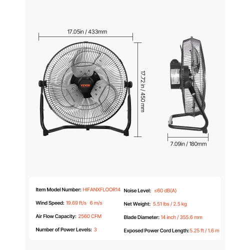 VEVOR 3 Speeds Floor Fan, High Velocity Heavy Duty 14 Inch Industrial Fan, 2560 CFM 360° Adjustable Tilt 19.69 ft/sec Airflow Large Metal Fan, for