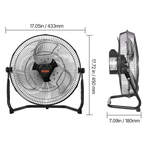 VEVOR 3 Speeds Floor Fan, High Velocity Heavy Duty 14 Inch Industrial Fan, 2560 CFM 360° Adjustable Tilt 19.69 ft/sec Airflow Large Metal Fan, for