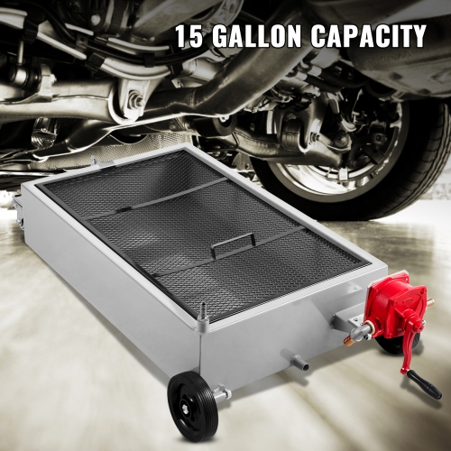 VEVOR 15 Gallon Oil Drain Pan, 57L Low Profile Oil Drain Pan, Large Capacity Oil Change Pan, Foldable Hand, with Pump, Hose, Swivel Casters Wheels