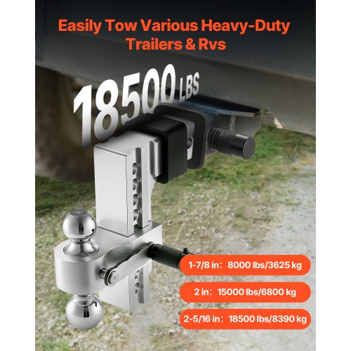 VEVOR Adjustable Trailer Hitch, 8-Inch Drop Hitch, Tri-Ball Mount for 2.5-Inch Hitch Receiver, Trailer Ball Size 1-7/8", 2" & 2-5/16", Max 18500 lbs