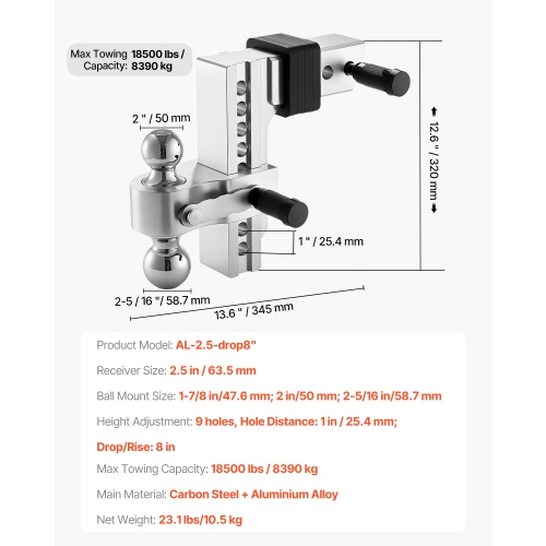 VEVOR Adjustable Trailer Hitch, 8-Inch Drop Hitch, Tri-Ball Mount for 2.5-Inch Hitch Receiver, Trailer Ball Size 1-7/8", 2" & 2-5/16", Max 18500 lbs