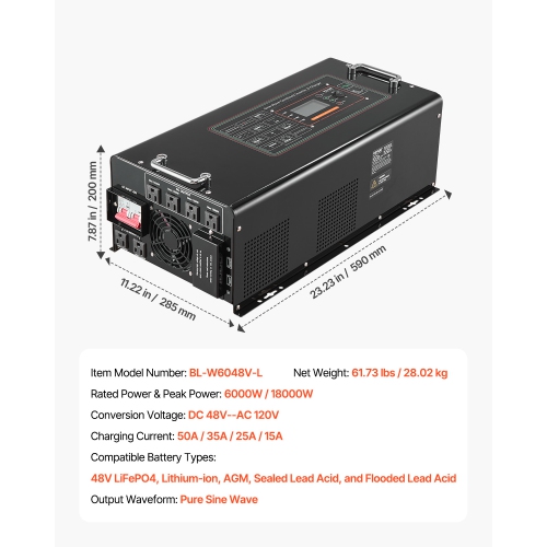 VEVOR 6000 Watt Pure Sine Wave Inverter Charger, DC 48V to AC 120V Power Inverter with LCD Display, Remote Control, for Off-Grid Solar RV, Compatible