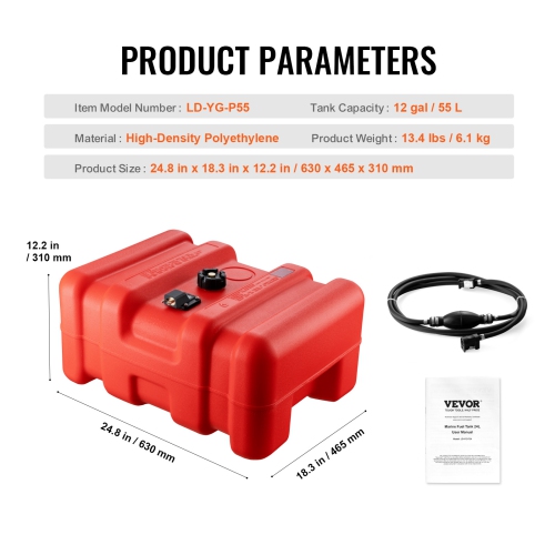 VEVOR 14.53 Gallon/55L Marine Fuel Tank, Portable Boat Fuel Gas Tank for Outboard Engine Boats, Plastic Outboard Marine Boat Fuel Tank with Hose,