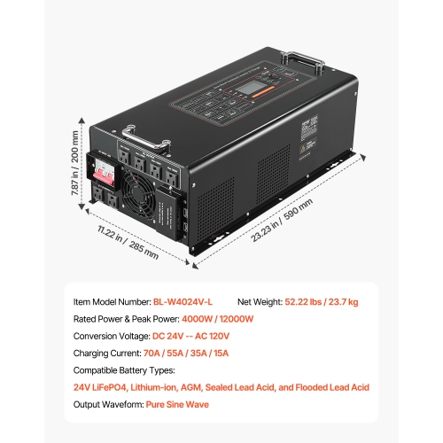 VEVOR 4000 Watt Pure Sine Wave Inverter Charger, DC 24V to AC 120V Power Inverter with LCD Display, Remote Control, for Off-Grid Solar RV Boat,