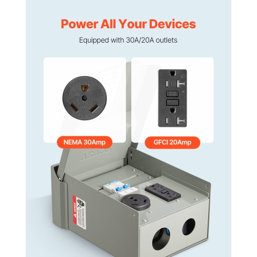 VEVOR 20 30 Amp Temporary Power Outlet Panel, RV EV Electrical Outlet Panel with NEMA 30 Amp GFCI 20 Amp Receptacle Installed, Pre-Wired IP54
