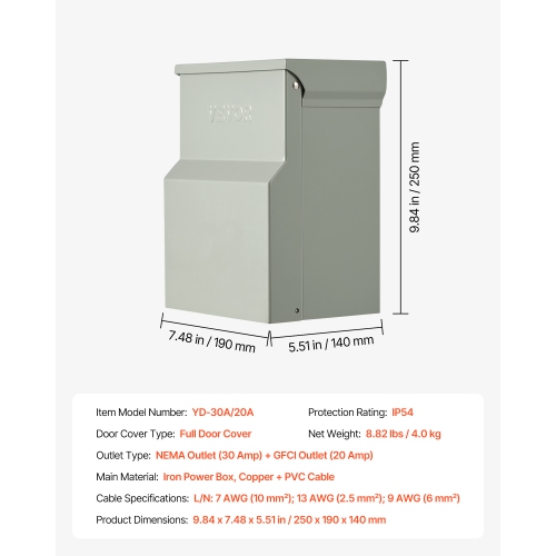 VEVOR 20 30 Amp Temporary Power Outlet Panel, RV EV Electrical Outlet Panel with NEMA 30 Amp GFCI 20 Amp Receptacle Installed, Pre-Wired IP54